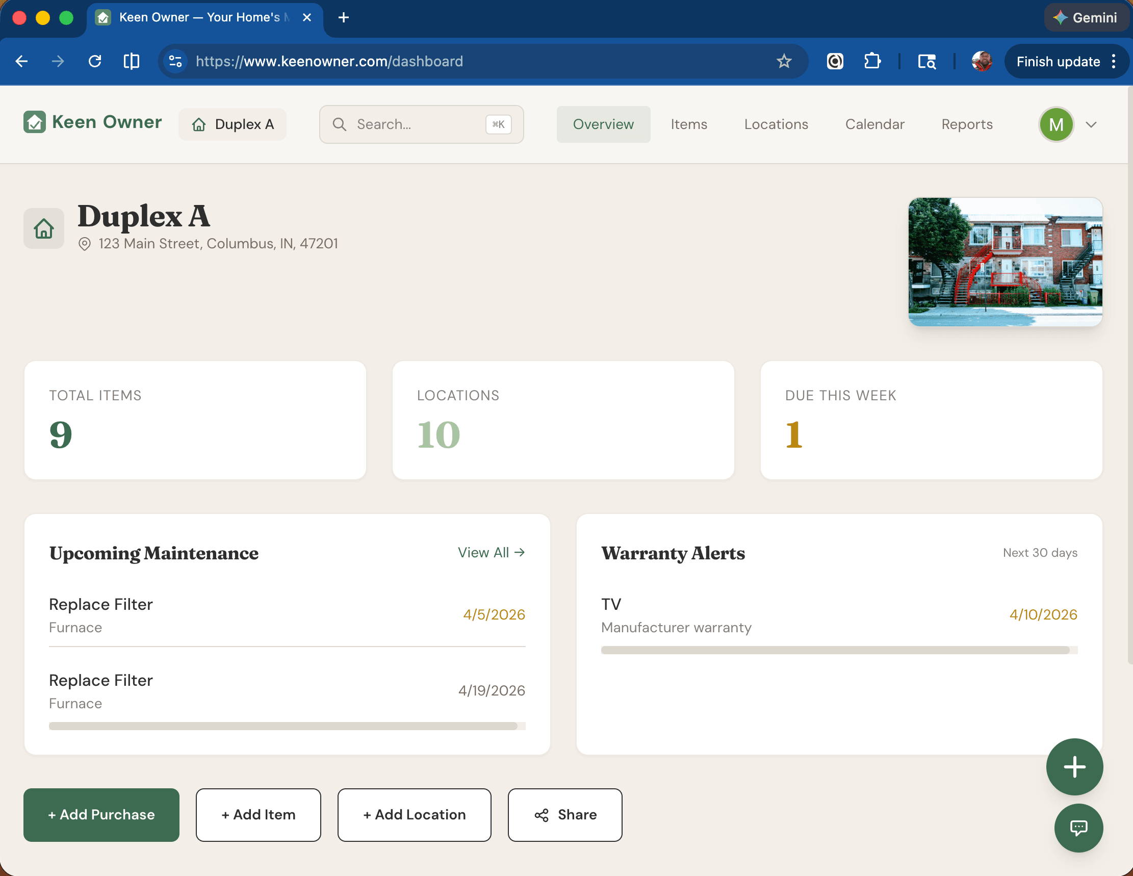 Keen Owner dashboard showing items, warranty alerts, and upcoming maintenance